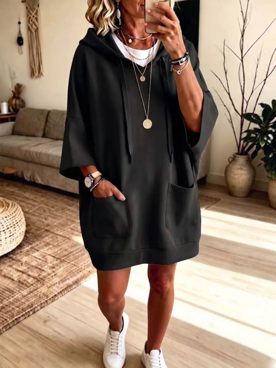 Retro Hooded Art Casual Stylish 3/4 Sleeve Short Sweatshirt Dress