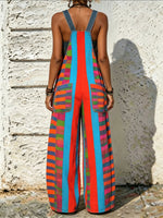 Women's Colorful Stripe Denim Strap Wide Leg Pocket Overalls Jumpsuit