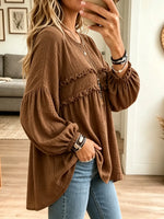Women's Textured Crinkle Ruffle Babydoll Tunic Blouse