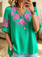 Women V‑Neck Floral Embroidery Puff Short Sleeve Boho Blouse