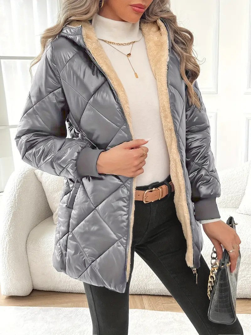 Fleece Lined Hooded Quilted Puffer Jacket Women Zip Up Winter Coat