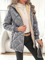 Fleece Lined Hooded Quilted Puffer Jacket Women Zip Up Winter Coat