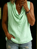 Women's Solid-color Sleeveless Cotton-linen Top With Swing Neckline