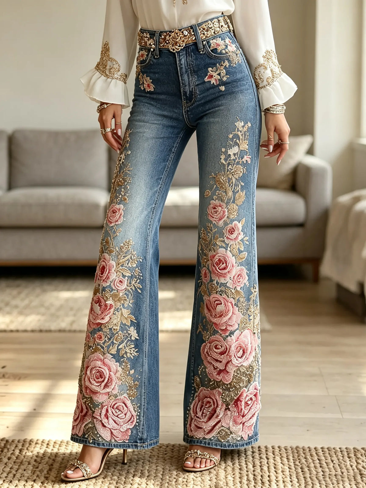 Women's Floral High-Rise Flare Jeans