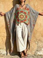 Women‘s Vintage Mandala Print Linen Texture Batwing Kaftan Tunic Top