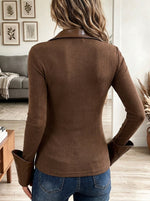 Women's Brown Ribbed Knit V-Neck Top with Contrast Faux Leather Collar and Cuffs