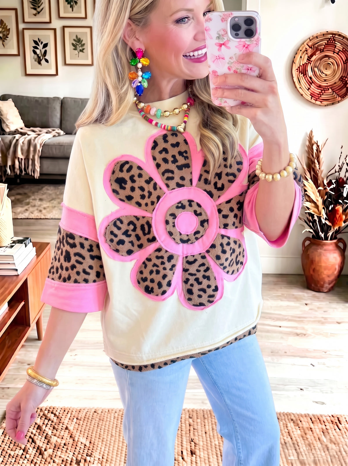 Leopard Flower Patchwork 3/4 Sleeve Casual Top Women Color Block Blouse