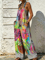 Women's Vibrant Abstract Art Print Adjustable Strap Wide Leg Overalls Jumpsuit