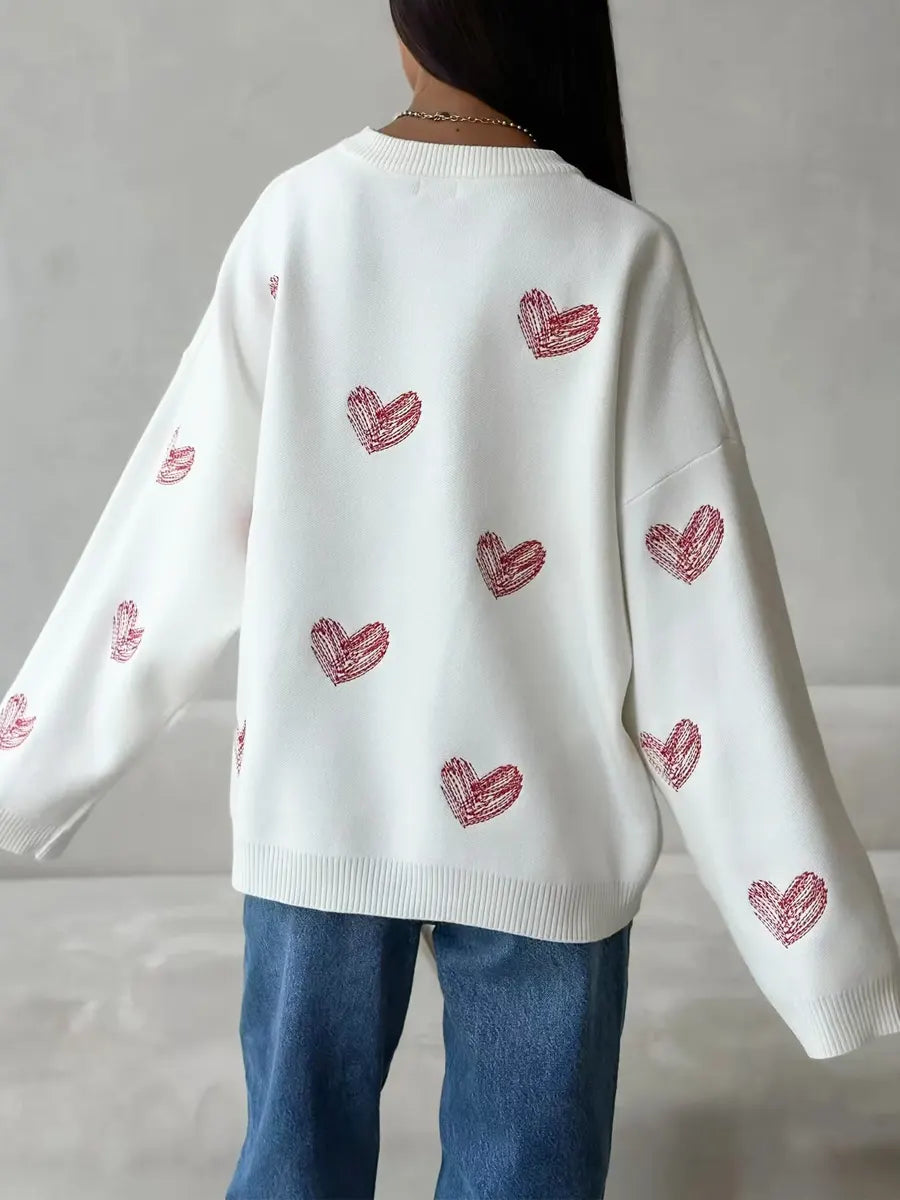Retro Cozy Hearts Pattern Art Casual Stylish Long Sleeve Maxi Sweater