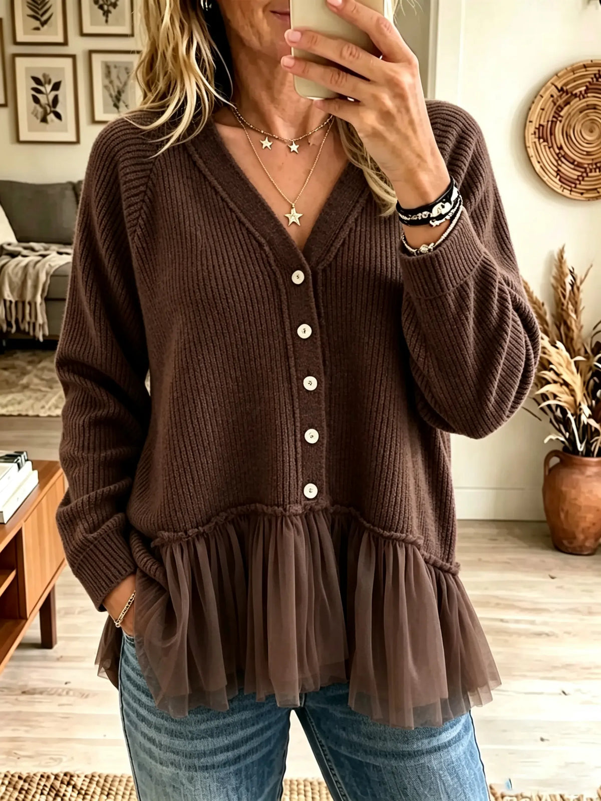 Women's Tulle Ruffle Hem Button-Down Cardigan