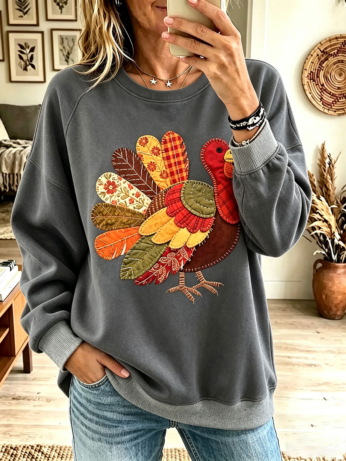 Women Patchwork Turkey Applique Crewneck Thanksgiving Sweatshirt