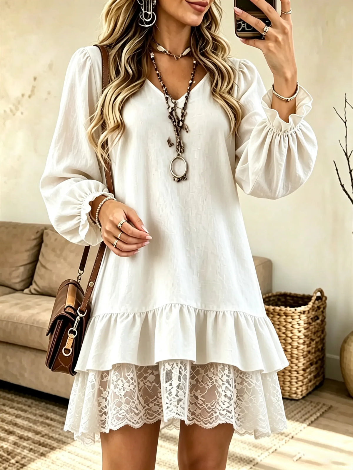 Women's Tiered Ruffle Lace Hem Babydoll Mini Dress