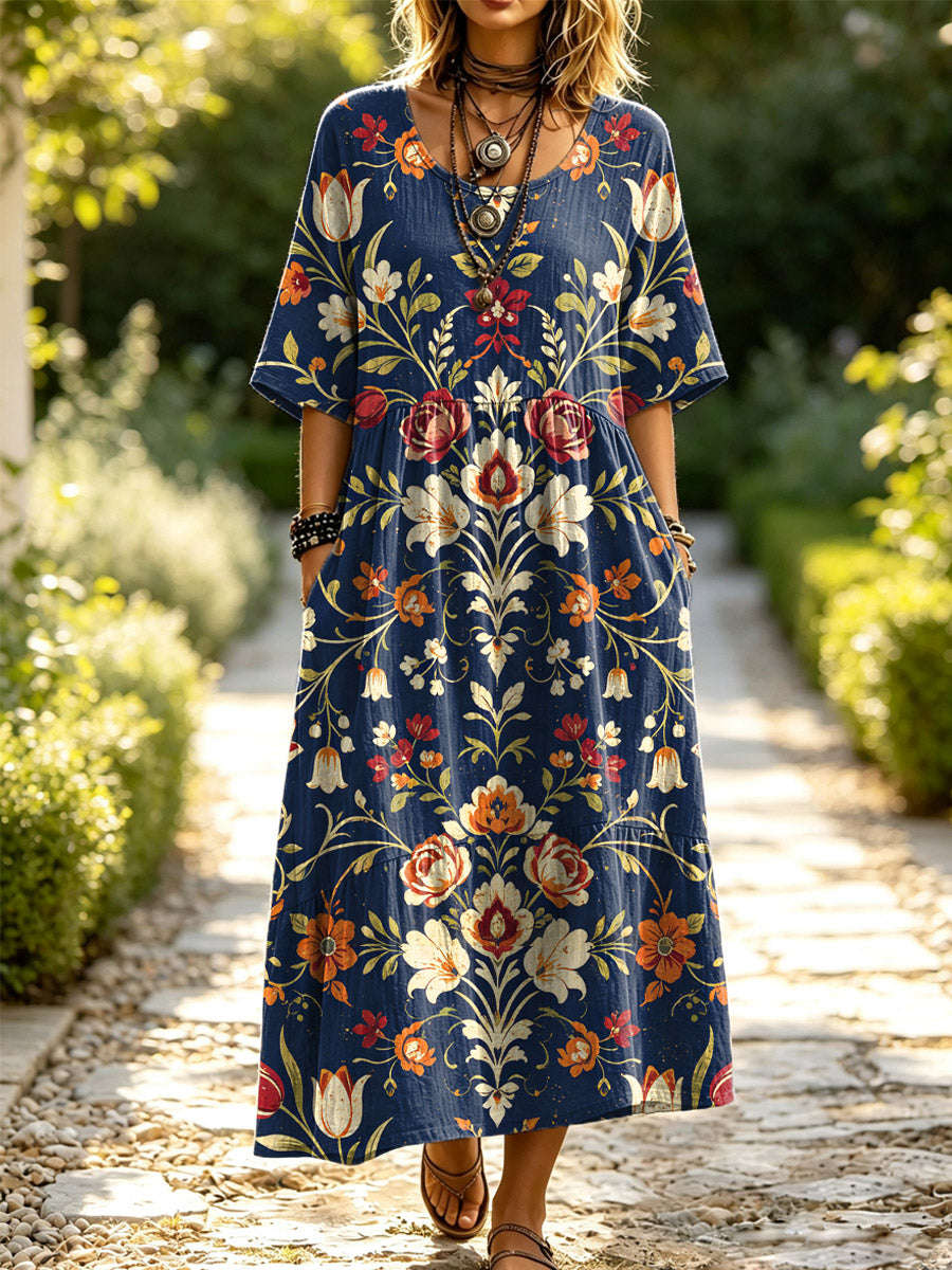 Women's Floral Pattern Art Print Casual Short Sleeve Linen Dress