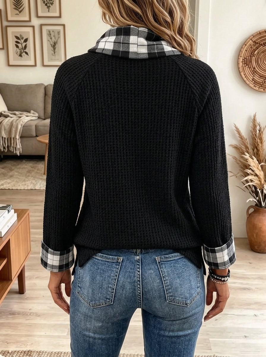 Women's Plaid Contrast Cowl Neck Waffle Knit Top
