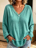 Women Frayed Edge V‑Neck Long Sleeve Top, Loose Textured Casual Blouse