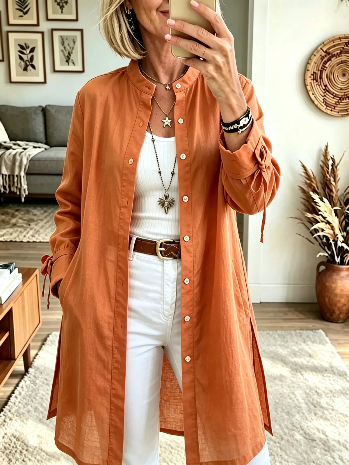 Women's Button-Down Longline Linen Duster Shirt