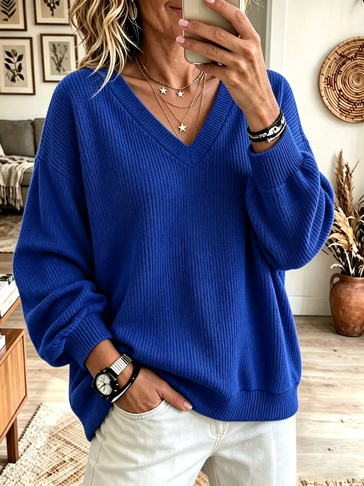 Women's Oversized V-Neck Ribbed Pullover Sweater