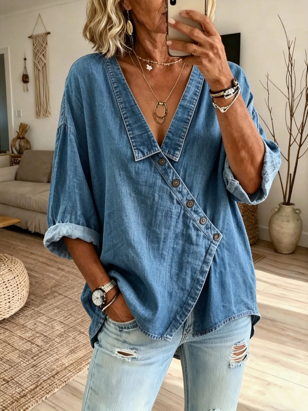 Women's Solid Diagonal Button Lapel Denim Loose Three-Quarter Sleeve Blouse