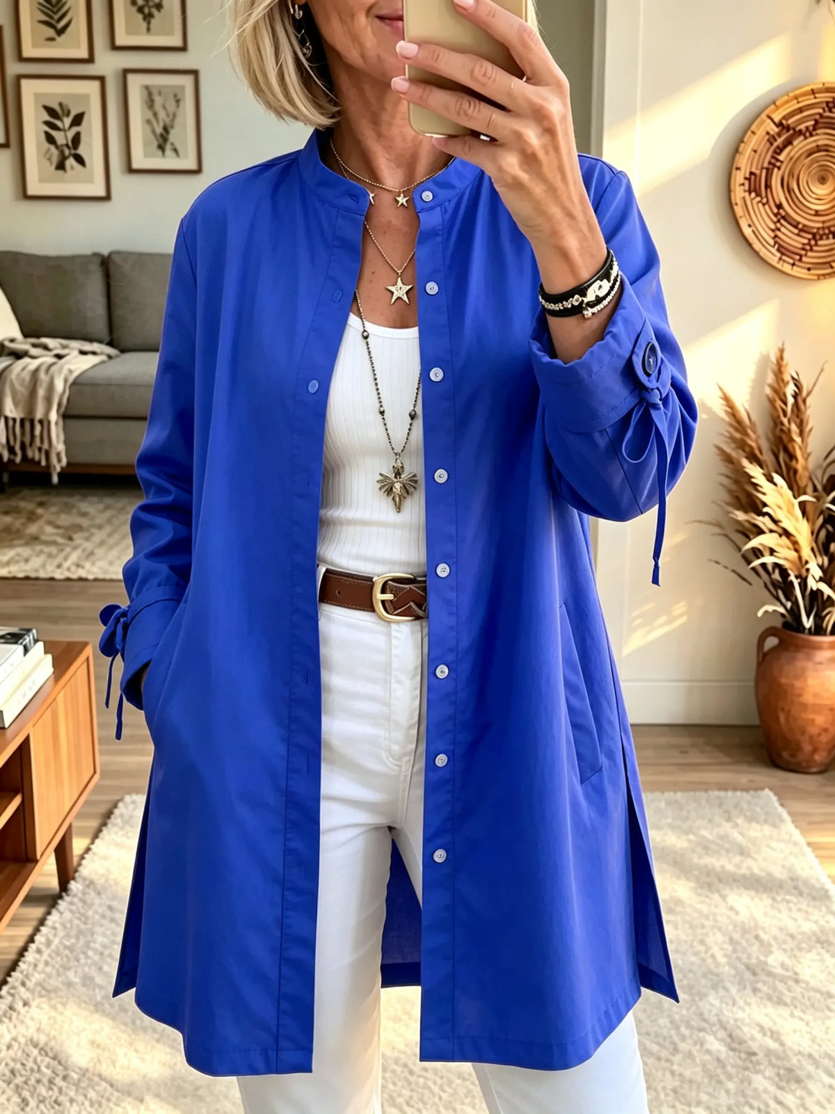 Women's Button-Down Longline Linen Duster Shirt