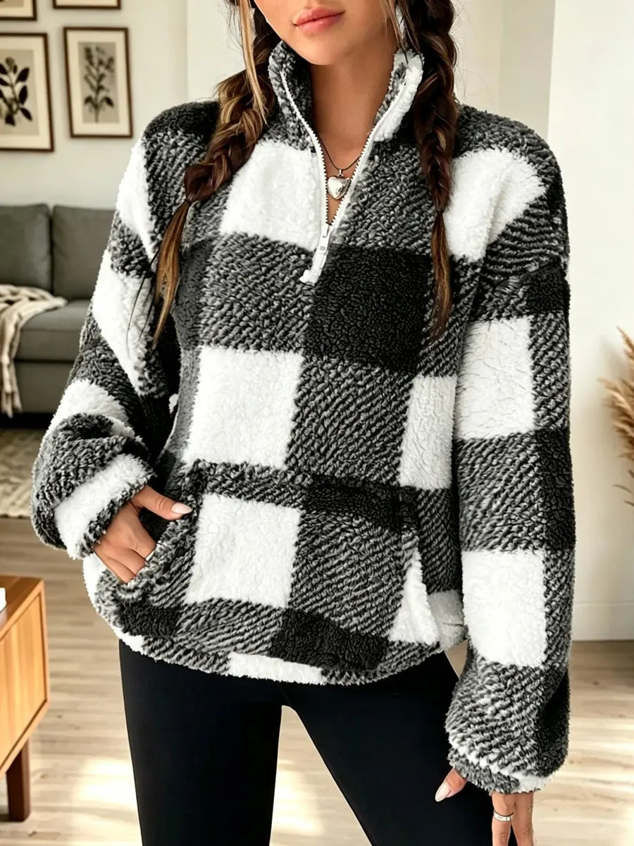 Retro Plaid Pattern Art Casual Stylish Long Sleeve Plush Top