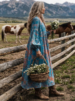 Women‘s Boho Ethnic Geometric Square Neck Balloon Sleeve Midi Dress