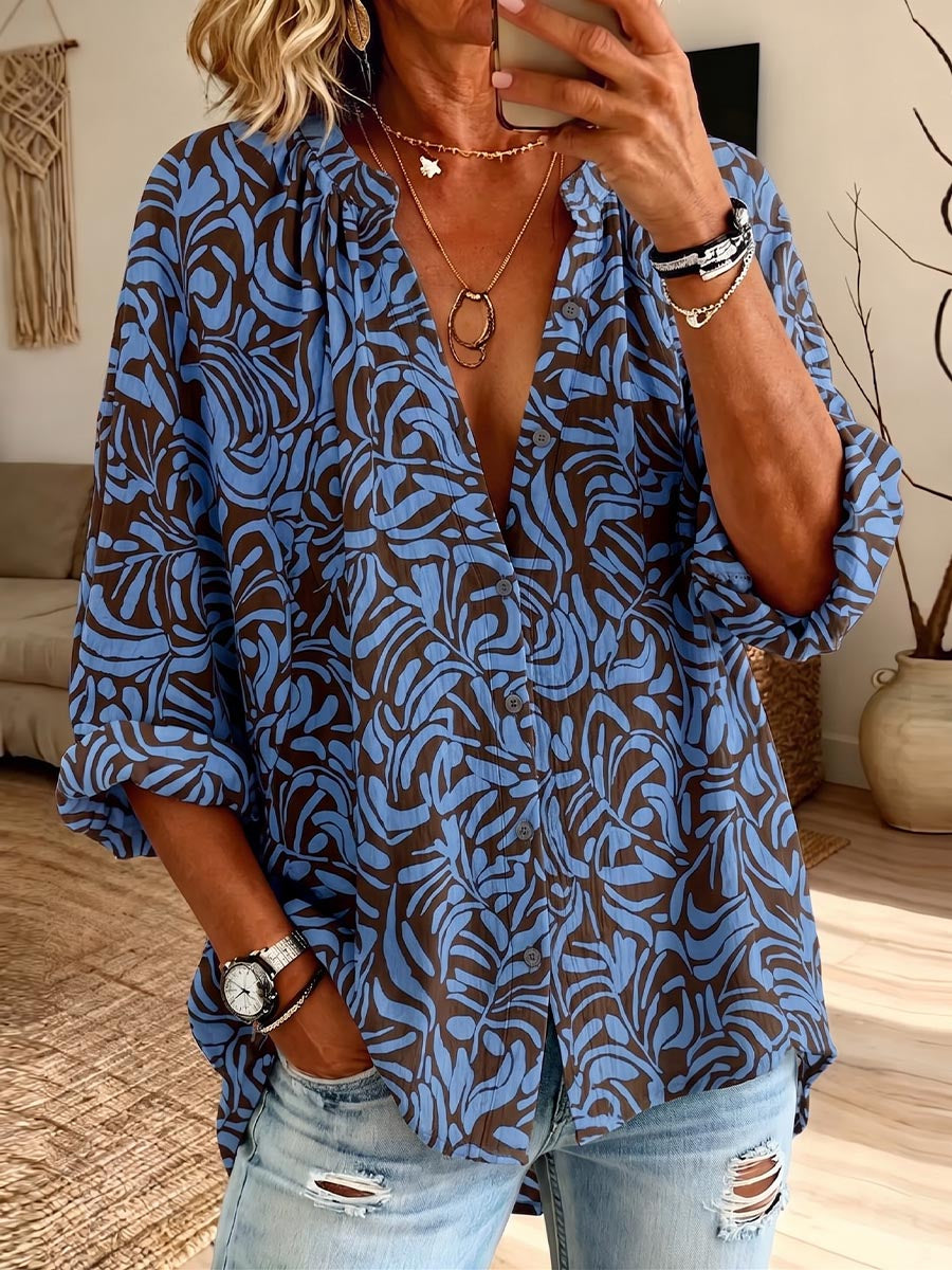 Vintage Elegant Button Long Sleeve Patterned Shirt