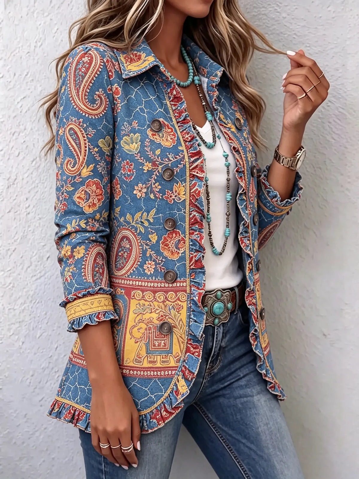Women's Vintage Paisley Floral Print Ruffle Lapel Casual Blazer Jacket
