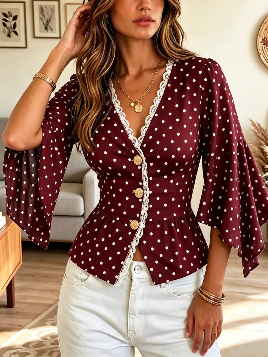 Retro Polka Dot Lace Patchwork Art Casual Stylish 3/4 Sleeve Shirt