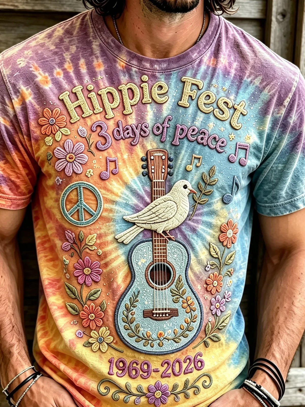 Men Tie Dye Guitar Dove Hippie Retro Print Short Sleeve T-Shirt