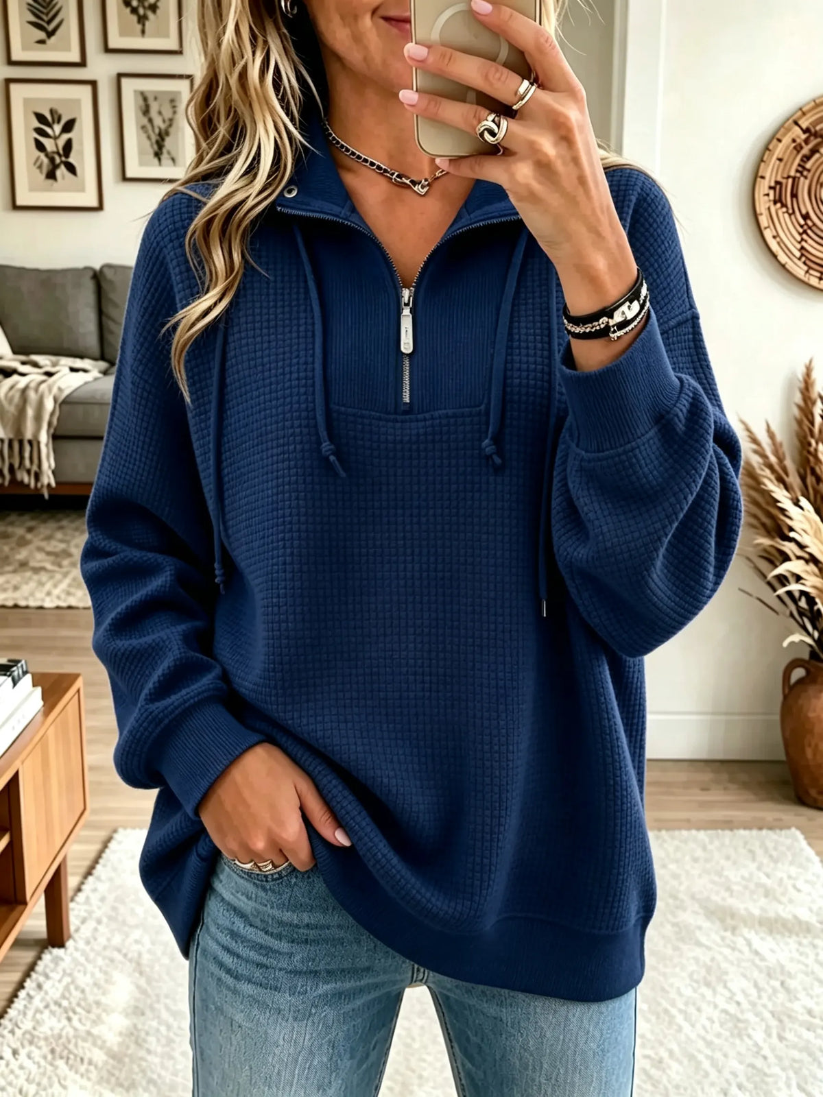 Women's Half-Zip Waffle Knit Pullover Sweatshirt