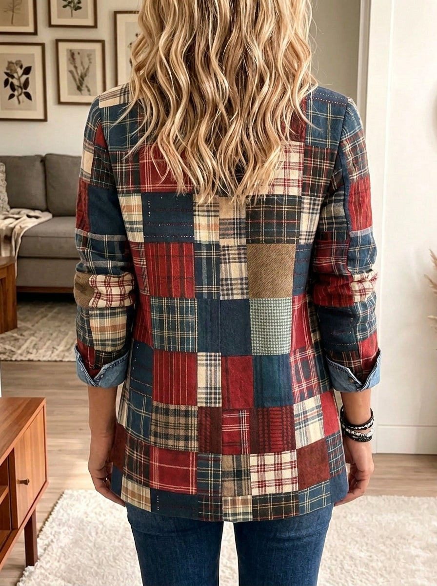 Plaid Patchwork Denim Spliced Blazer Jacket, Women Lapel Button Casual Outerwear
