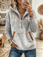 Women's Long Sleeve Rib Knit Sleeve Drawstring Hooded Sweatshirt