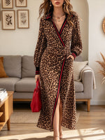 Women's Leopard Print Wrap Midi Dress with Contrast Striped Trim