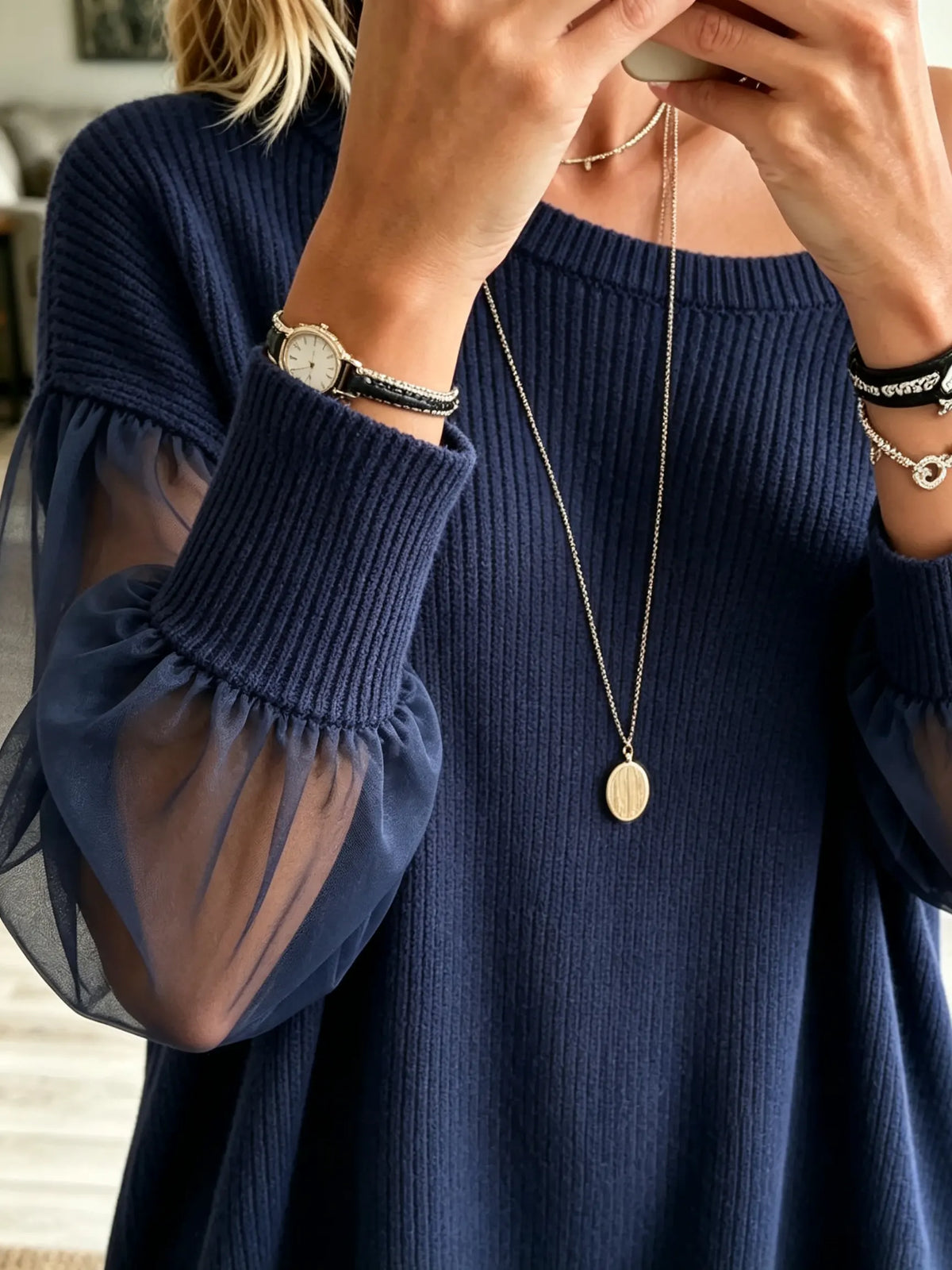 Women's Off-the-Shoulder Sheer Sleeve Knit Top