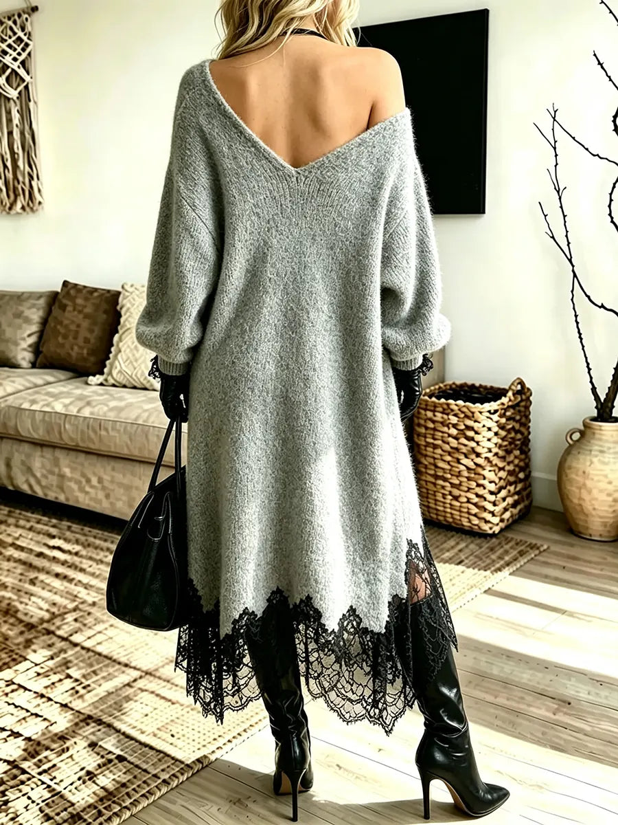 Women's Elegant Black Lace Patchwork Shoulder Sweater Maxi Dress