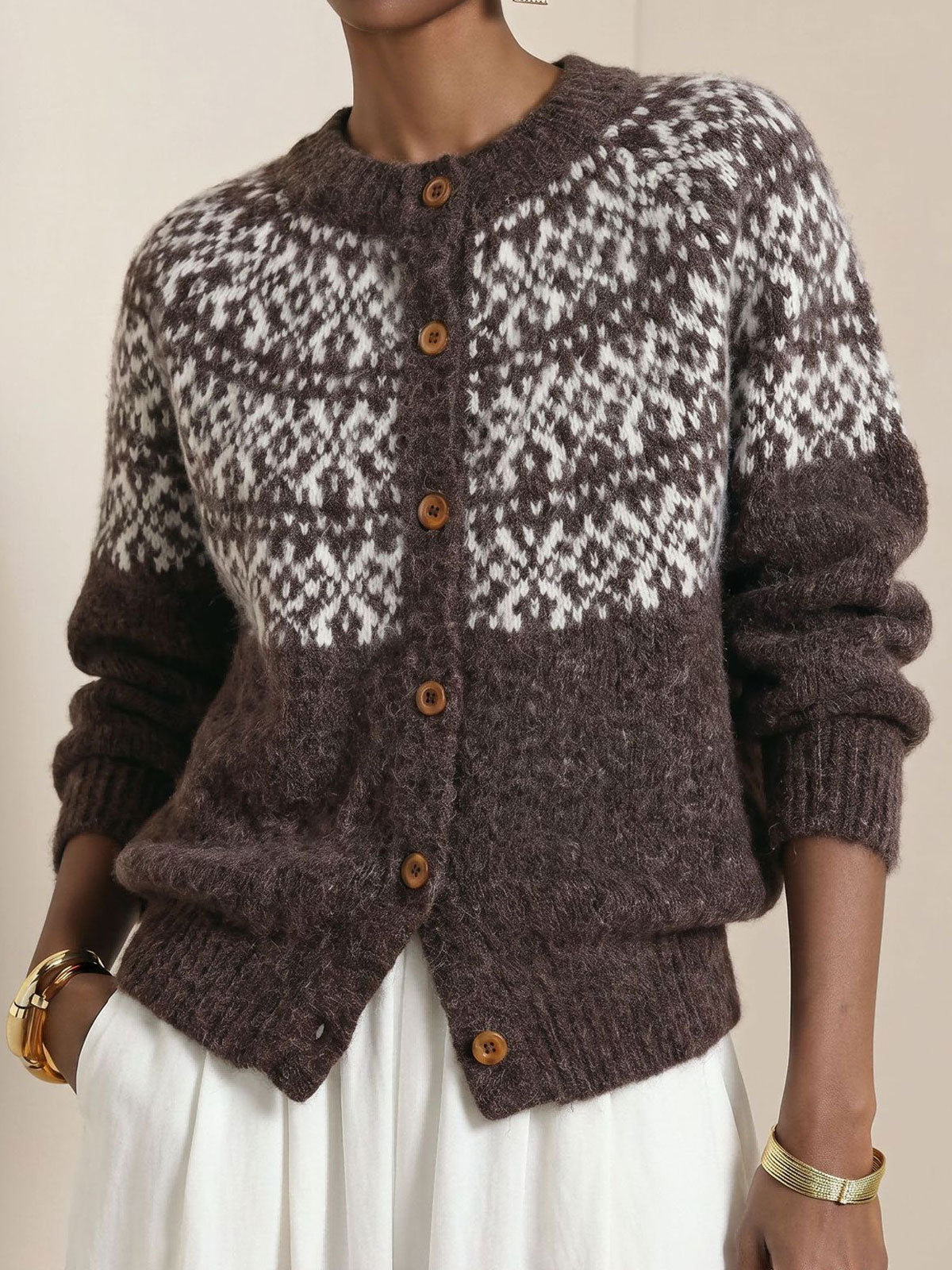 Women Crew Neck Button‑front Long Sleevefair Isle Pattern Knit Cardigan Sweater