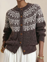 Women Crew Neck Button‑front Long Sleevefair Isle Pattern Knit Cardigan Sweater