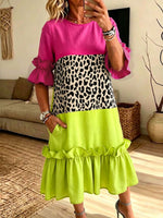 Color Block Leopard Print Ruffle Midi Dress With Pockets