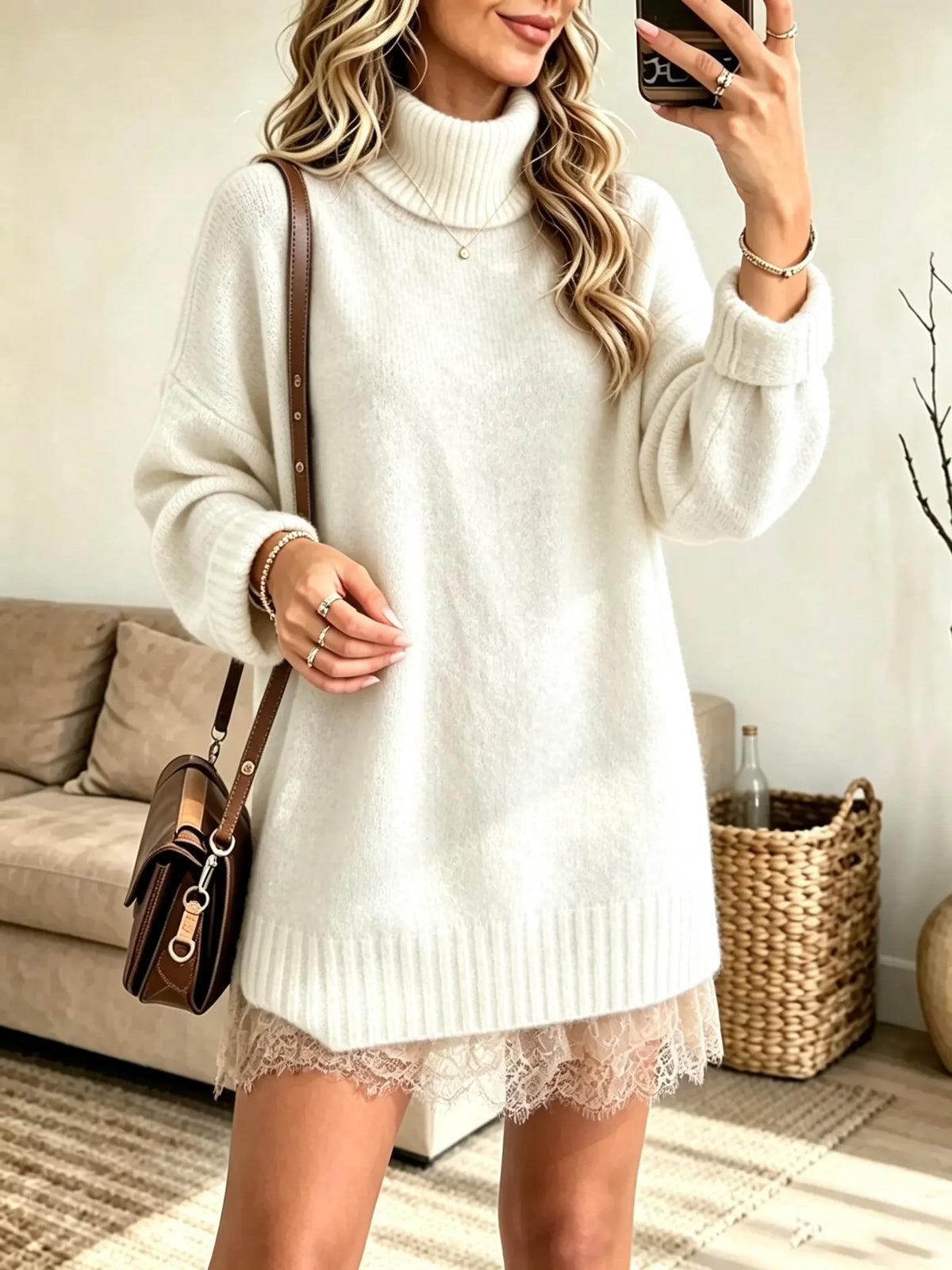 Women's Turtleneck Lace Hem Sweater Dress