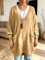Women Oversized V‑Neck Multi‑Pocket Loose Long Knit Sweater