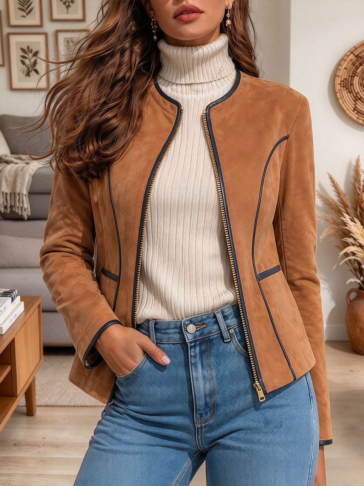 Women's Brown Faux Suede Zip-Up Jacket with Contrast Trim