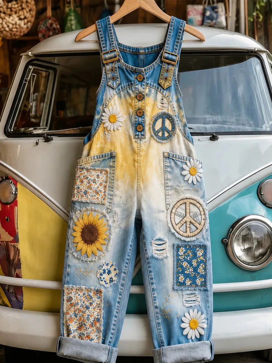 Women's Gradient Tie-dye Sunflower Peace Sign Floral Patch Distressed Denim Overalls
