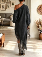 Women's One-Shoulder Asymmetrical Fringe Hem Midi Dress
