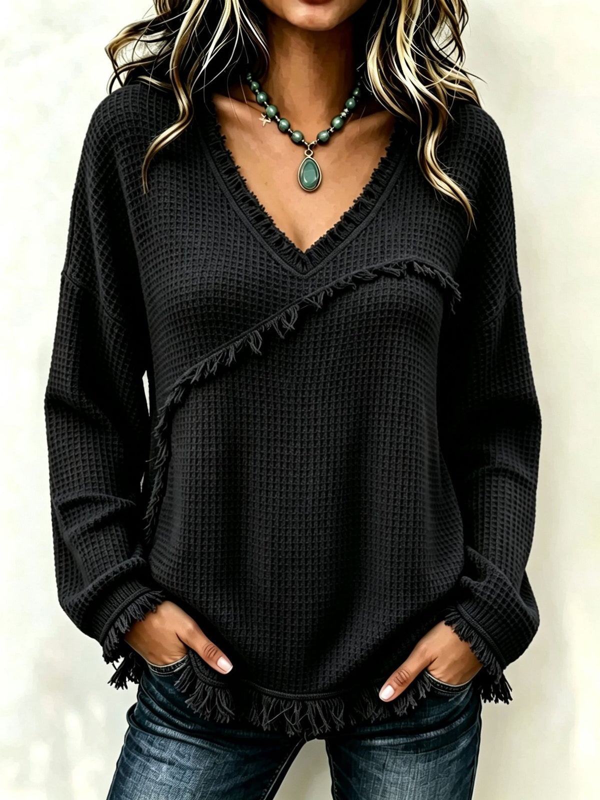 Fringe Trim Waffle Knit V‑Neck Sweater, Women Long Sleeve Loose Pullover Top