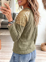 Vintage Elegant Sequin Paneled Cotton-linen Blend Shirt