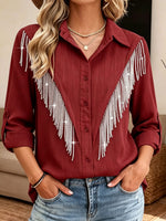 Women Collar Roll‑tab Long Sleeve Western Rhinestone Fringe Button‑down Shirt Blouse