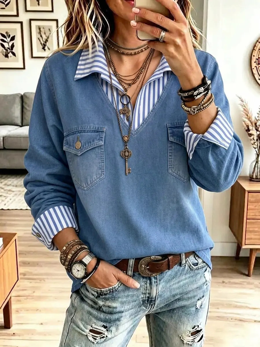 Retro Chic Stripe Denim Patchwork Art Casual Stylish Long Sleeve Shirt