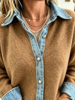 Women's Denim Trim V-Neck Knit Top