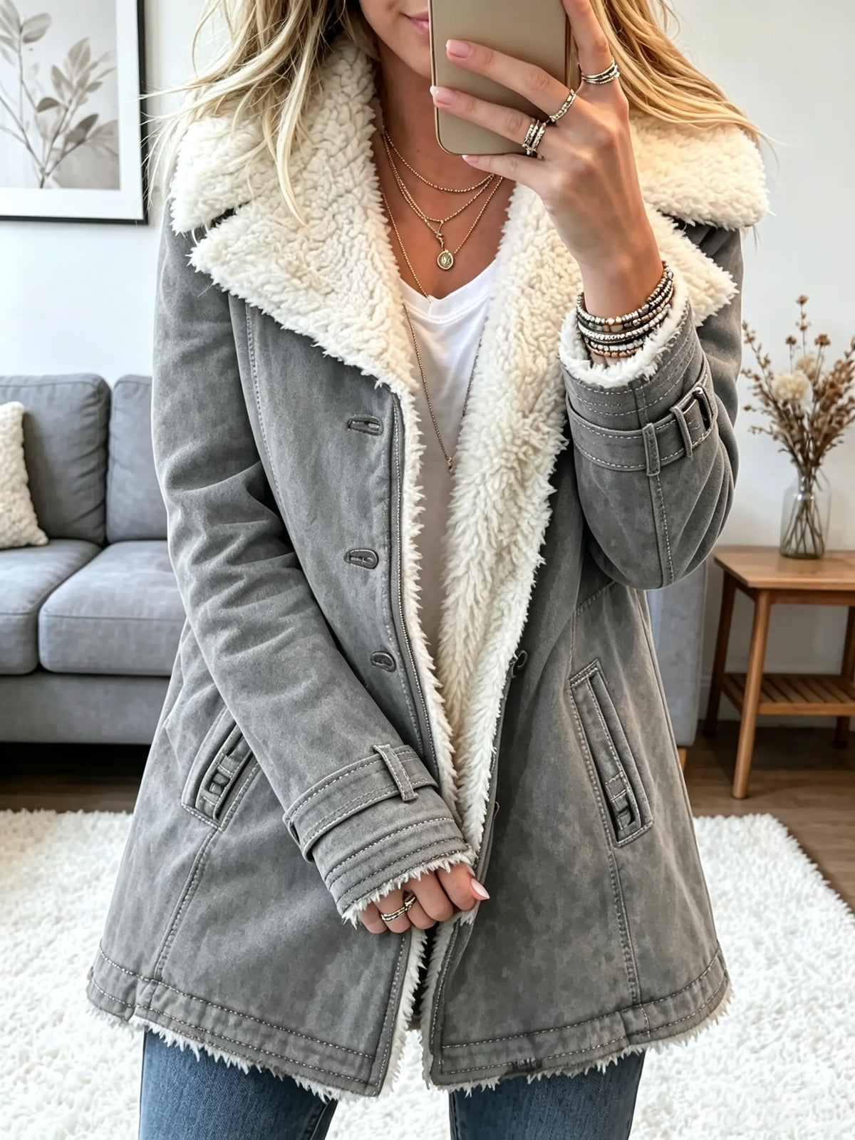 Women's Sherpa-Lined Suede Buckle Coat