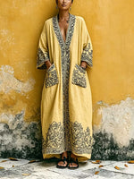 Women Boho Printed Open Front Maxi Kimono Cover Up With Pockets